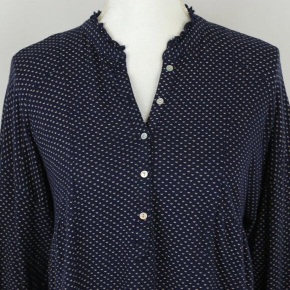 Lucky Brand Women's Small Blue Tan Patterned V-Neck Popover Knit Blouse - Picture 2 of 8